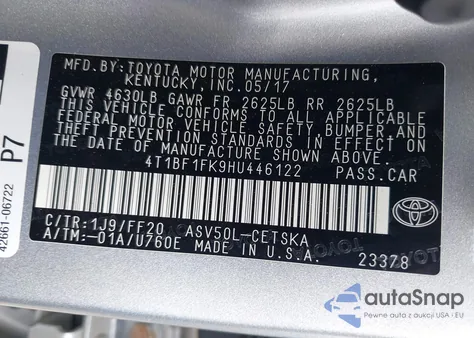 2017 Toyota Camry Se из США, поврежденный, VIN 4T1BF1FK9HU446122